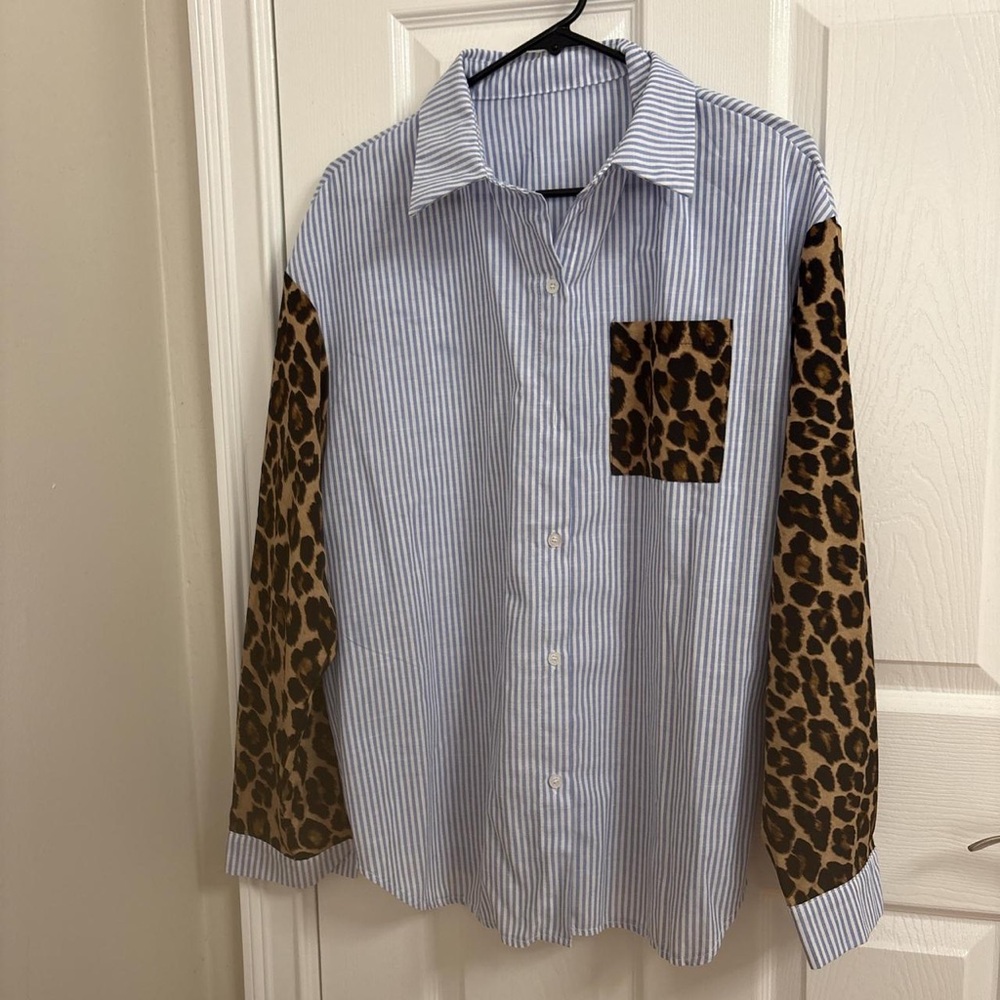 SHEIN Blue & White Striped Button-Down with Leopard Print Sleeves